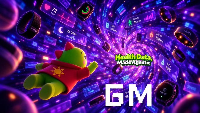 A colorful promotional graphic featuring a green mascot in a red cape flying through a tunnel of wearable tech devices displaying health metrics, branded with 'Health Data Made Agentic' and the 'GM' logo.