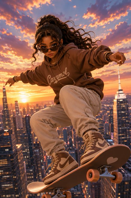 A stylized digital illustration of a girl with curly hair wearing a "Caramel" hoodie and Nike high-tops, riding a skateboard against a dramatic sunset cityscape.