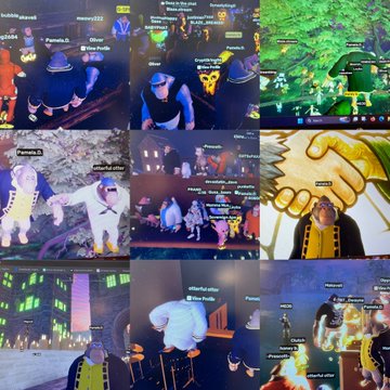 A collage of screenshots from an anime virtual world/metaverse event featuring various colorful avatars and characters in different scenes.