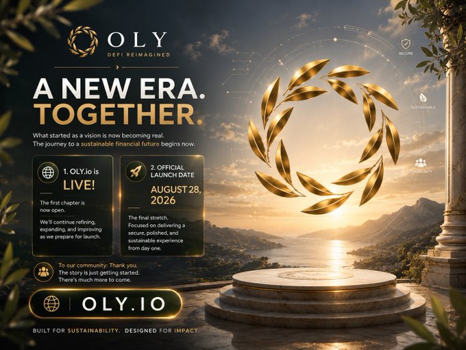The image is a promotional graphic for OLY (OlympusXReserve) announcing that "OLY.io is LIVE!" and revealing an official launch date of August 28, 2026, with the tagline "A NEW ERA. TOGETHER." and "BUILT FOR SUSTAINABILITY. DESIGNED FOR IMPACT," visually complementing the post's milestone announcements about the ecosystem going live and the upcoming official launch.
