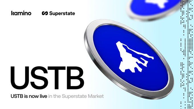 The image is a promotional graphic featuring Kamino and Superstate logos at the top left, with a large blue circular coin-like emblem containing a wolf/dog silhouette on the right side, alongside the bold text "USTB" and the announcement "USTB is now live in the Superstate Market," visually representing the integration of Superstate's USTB tokenized U.S. Treasury fund as collateral on Kamino's lending platform.
