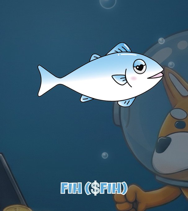 A cartoon fish with a confident smile swims past a dog wearing a space helmet, with the text "FIH ($FIH)" displayed below, visually representing the "next wave" of crypto adoption in a playful, meme-style manner.