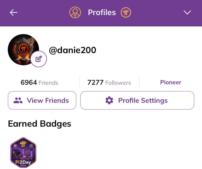 A Pi Network Pioneer profile for @danie200 with 6,964 Friends, 7,277 Followers, and a Pi2Day 2026 earned badge, illustrating the social profile features referenced in the post about potential future earning opportunities for Pioneers.