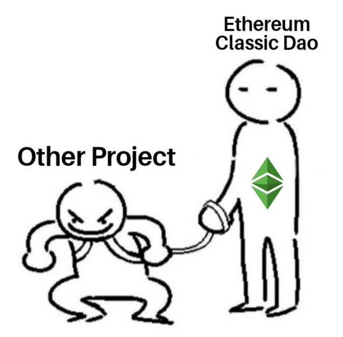 A meme-style drawing showing a small angry 'Other Project' character on a leash held by a much taller 'Ethereum Classic Dao' figure with a calm expression and the Ethereum Classic diamond logo on its chest.
