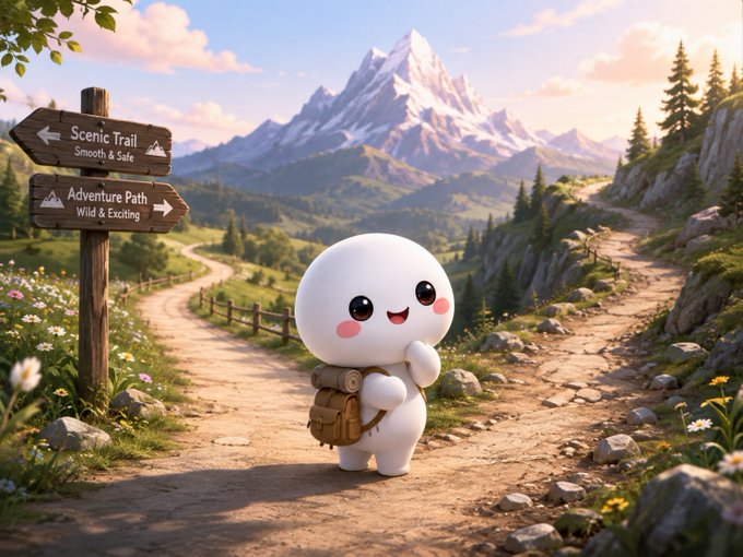 A cute round white cartoon character with a backpack stands at a mountain trail fork with wooden signs pointing to "Scenic Trail - Smooth & Safe" (left) and "Adventure Path - Wild & Exciting" (right).