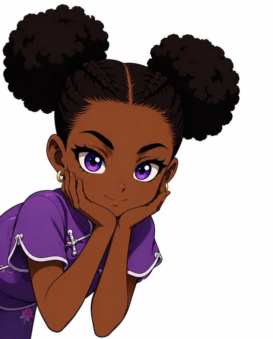 An anime-style illustration of a young Black girl with purple eyes, double puff hairstyles, and gold hoop earrings, resting her chin on her hands with a sweet, content smile while wearing a purple top with a cross necklace—perfectly capturing the "me" side of the relatable meme, as if she's quietly accepting her new role as a devoted fan of IDOL: X.