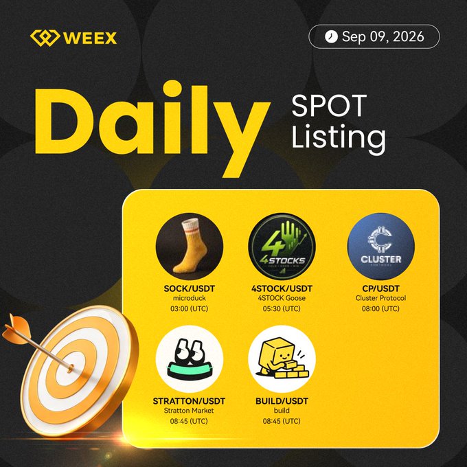 A Weex cryptocurrency 'Daily SPOT Listing' promotional graphic dated Sep 09, 2026, showing five new pairs: SOCK/USDT, 4STOCK/USDT, CP/USDT, STRATTON/USDT, and BUILD/USDT with their listing times.
