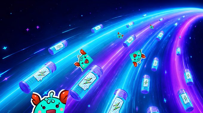 A vibrant, cosmic-themed illustration shows glowing blue-purple capsules with hearts and labels streaming through space alongside cute axolotl-like characters, visually representing the "1 Million GMT" Challenge Capsule being promoted in the Town Hall update announcement. The colorful scene amplifies the excitement of the major in-game drop mentioned in the post.