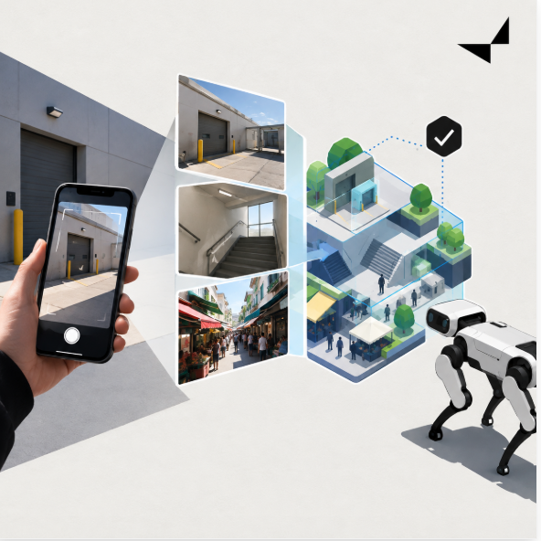 A conceptual tech illustration showing a smartphone camera capturing building photos, connected to a 3D isometric map with a robotic dog in the foreground.