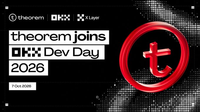 A promotional banner announcing 'theorem joins OKX Dev Day 2026' on 7 Oct 2026, featuring the red theorem logo on a black pixelated background.