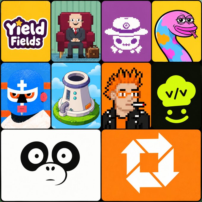 A 3x4 grid of pixel-art and illustrated app icons featuring various NFT project logos including "Yield Fields," a suited figure in a chair, a UFO-like character, a pink worm, a blue masked character, a tower, a red-haired figure, a green smiling face with "v/v" eyes, a black-and-white face with large eyes, and an orange "X" arrow design. The image serves as a promotional graphic for the listed upcoming NFT launches and their respective artists.