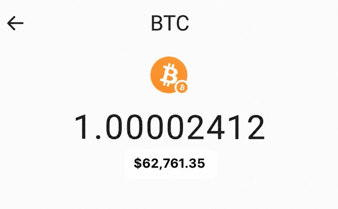 A screenshot of a cryptocurrency wallet or exchange app displays a Bitcoin (BTC) balance of 1.00002412 BTC, valued at $62,761.35. The image illustrates the post's question by showing that owning just one whole Bitcoin represents a significant monetary value of over $62,000.