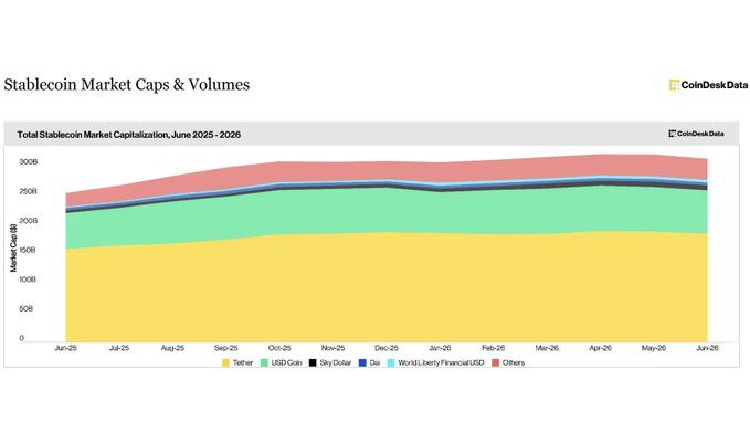 A CoinDesk Data stacked area chart titled 'Stablecoin Market Caps & Volumes' showing the total stablecoin market capitalization from June 2025 to 2026, broken down by Tether, USD Coin, Sky Dollar, Dai, World Liberty Financial USD, and Others.