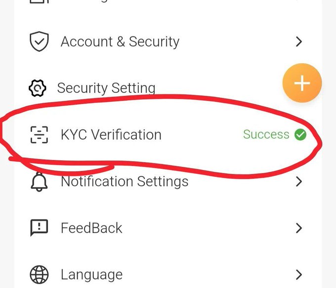 A mobile app settings menu showing "KYC Verification" marked with a green "Success" checkmark and circled in red, indicating completed identity verification in the Bee Network app.