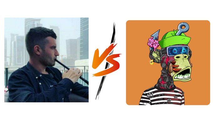 A 'VS' comparison graphic showing a man holding a vape device on the left against a city skyline, and a cartoon Bored Ape Yacht Club-style NFT monkey with a green cap, ice cream cone, and headphones on the right.