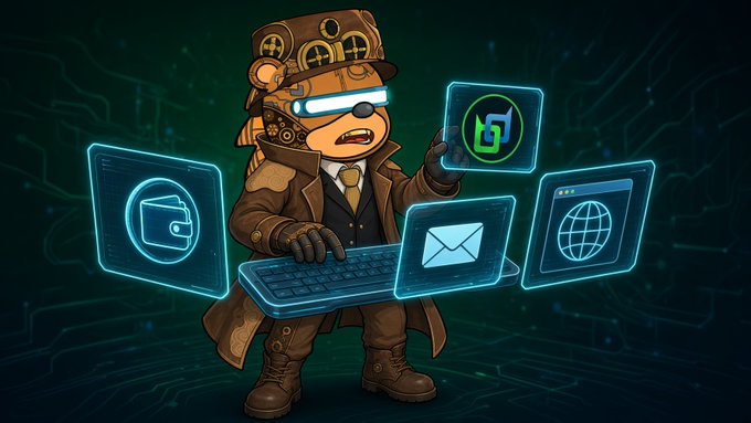 A steampunk-style cartoon monkey wearing goggles and a top hat, holding a holographic keyboard with floating icons for a wallet, email, web, and a green logo.