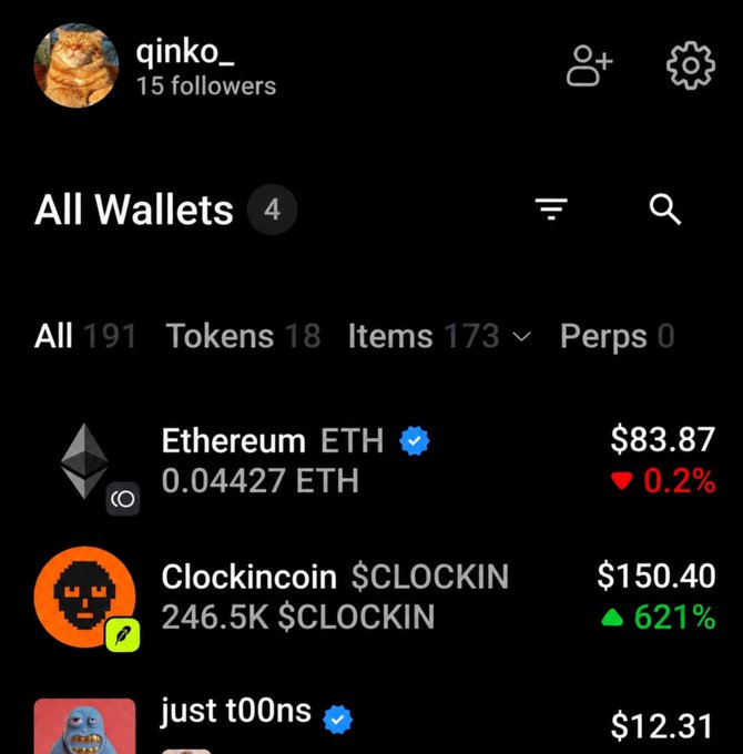 A mobile app interface for a user named 'qinko_' showing a wallet with 4 wallets, displaying balances for Ethereum (ETH) at $83.87 and Clockincoin ($CLOCKIN) at $150.40.