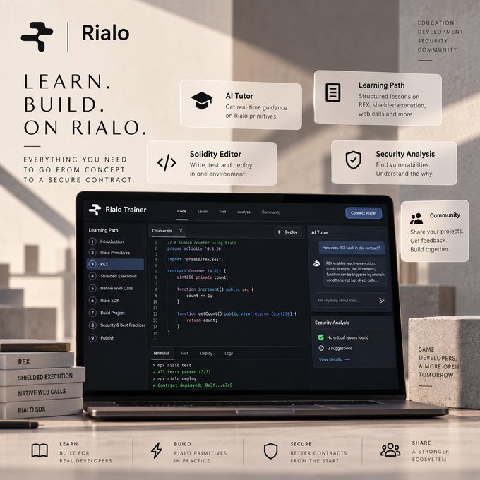 A promotional graphic for 'Rialo' featuring the tagline 'LEARN. BUILD. ON RIALO.' showcasing features like AI Tutor, Learning Path, Solidity Editor, Security Analysis, and Community on a laptop interface.