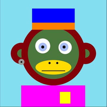 A digital illustration of a cartoon monkey character with a green face, large blue eyes, yellow muzzle, and a blue and orange striped hat, set against a light blue background with a magenta block below. This aligns with the "Art on Bitcoin" theme, showcasing a playful, colorful piece of digital art characteristic of NFT creations associated with the Bitcoin Ordinals collection.