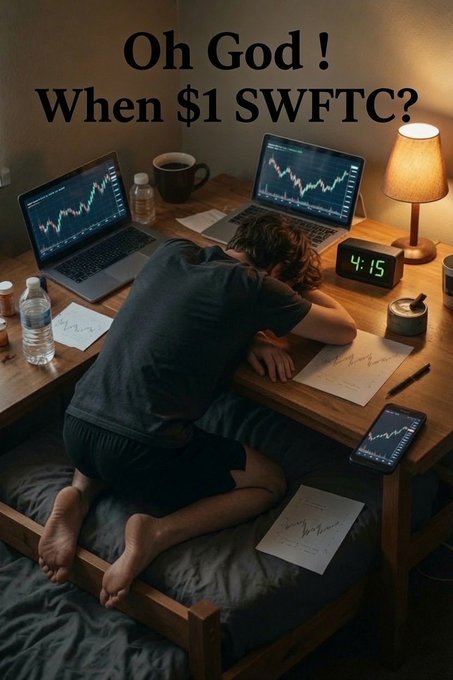 Meme-style image with text 'Oh God! When $1 SWFTC?' showing a distressed person slumped over a desk surrounded by multiple screens displaying declining stock/crypto charts.