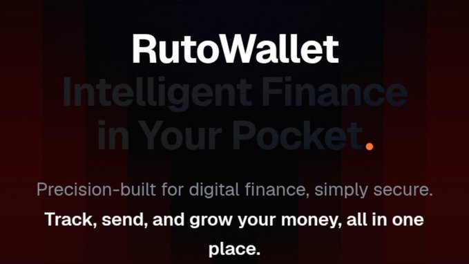 A promotional graphic for 'RutoWallet' with the tagline 'Intelligent Finance in Your Pocket' and text promoting secure digital money tracking and management.