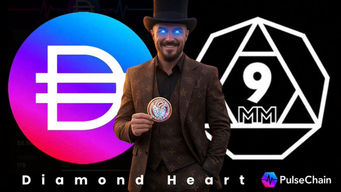 Promotional graphic featuring a man in a top hat with glowing blue eyes holding a circular emblem, with logos for Diamond ($) and 9MM (9) tokens, labeled "Diamond Heart" with PulseChain branding.