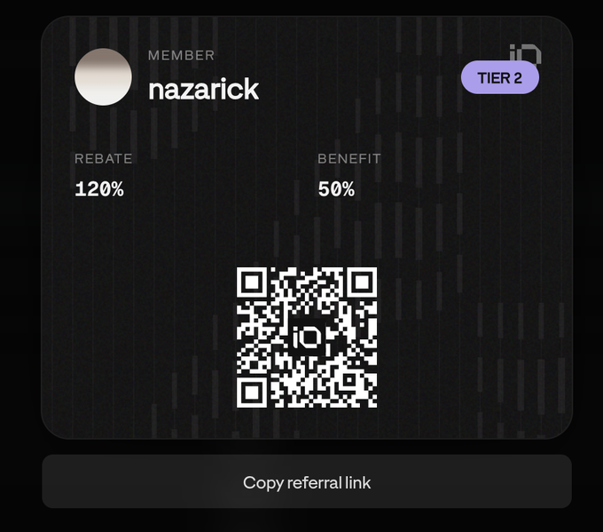 A digital membership card for user 'nazarick' showing a 120% rebate, 50% benefit, Tier 2 status, and a QR code with a 'Copy referral link' button.