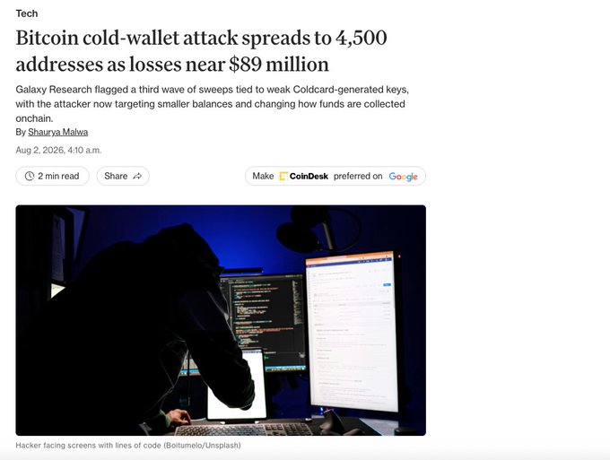 A silhouetted hacker works across multiple screens displaying lines of code, accompanying an article reporting a Bitcoin cold-wallet attack affecting 4,500 addresses and causing approximately $89 million in losses tied to weak Coldcard-generated keys.