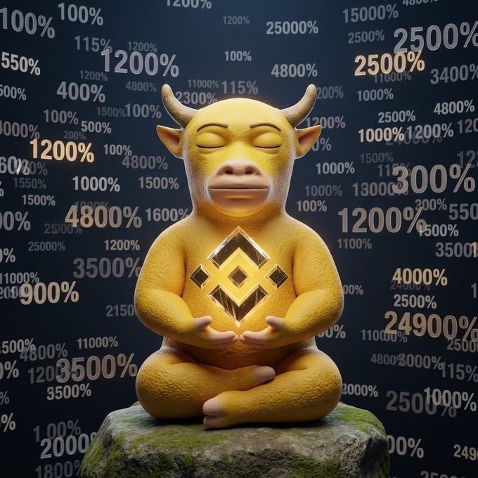 A golden bull statue sits in a meditative lotus pose with a Binance logo on its chest, surrounded by floating percentage figures such as 25000%, 4800%, and 1200%.