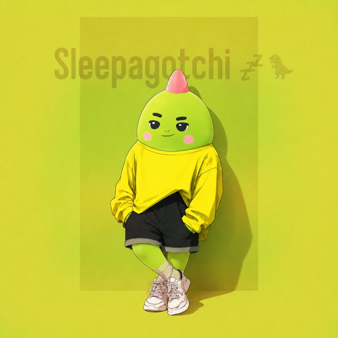 The image shows a green, egg-shaped mascot with a small pink cone on its head, wearing a yellow sweatshirt, black shorts, and white sneakers, posed casually against a yellow background with the text "Sleepagotchi" and small "Z" and dinosaur icons visible at the top. The illustration ties into the post's message by personifying the sleep-tracking AI companion brand, visually representing the friendly mascot behind the $SLEEP token and the broader wellness ecosystem the tweet promotes.