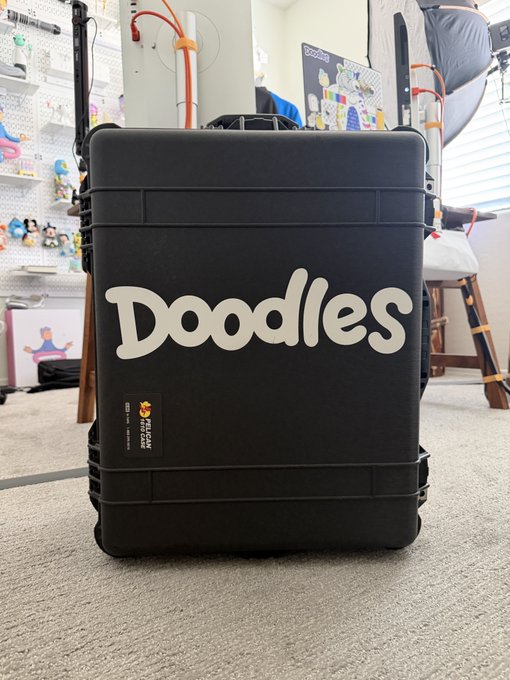 A black Pelican-style hard case with the word "Doodles" written in large cream-colored letters on it, sitting in a room with various items in the background.