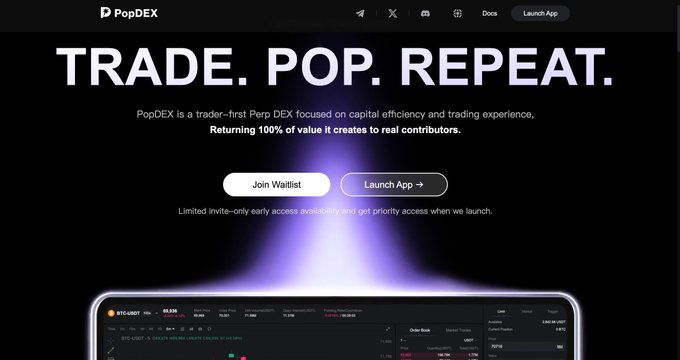 The image shows the homepage of PopDEX, a "trader-first Perp DEX," with the bold tagline "TRADE. POP. REPEAT." and a preview of its trading interface featuring BTC/USDT pairs.

This landing page directly supports the post's discussion of PopDEX by visually establishing it as a perpetual DEX project that is generating buzz on Twitter, with the call-to-action "Join Waitlist" hinting at the limited invite-only access that the post mentions as a reason traders should focus on building real on-chain trading history rather than just hunting for airdrop tasks.