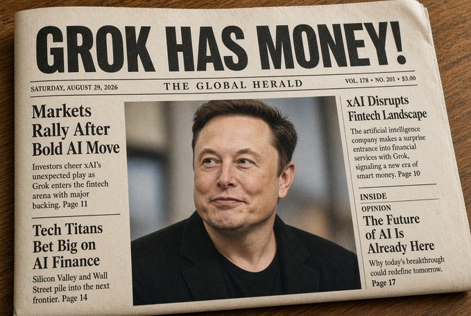 A newspaper front page from The Global Herald dated Saturday, August 29, 2026, with the bold headline 'GROK HAS MONEY!' featuring a photo of Elon Musk and sub-stories about 'Markets Rally After Bold AI Move' and 'xAI Disrupts Fintech Landscape'.
