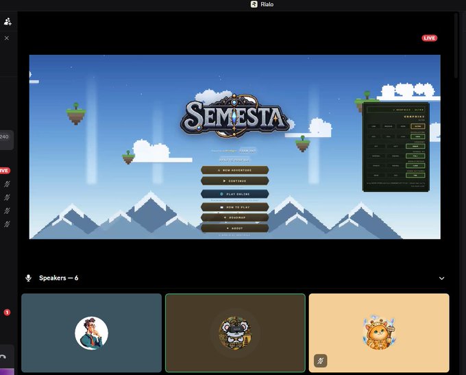 A Discord livestream interface titled 'SEMESTA' with a pixel-art mountain background displays a control panel and three speaker avatars.
