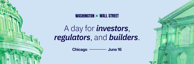 The image features a poster with two buildings side by side, one green and one white. The text on the poster reads "A day for investors, regulators, and builders. Chicago Policymakers, regulators, institutional investors, and builders will explore how @solana serves as the foundation for modern finance". The poster is displayed against a light brown background, with the buildings positioned to each other in front of the text.