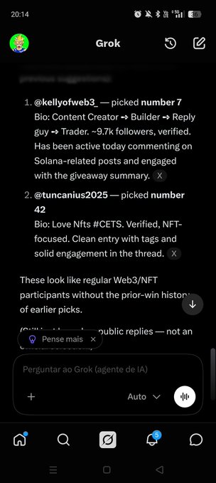 A smartphone screenshot shows the Grok app discussing NFT giveaway picks, including “@kellyofweb3,” “@tuncanius2025,” “Content Creator,” “Builder,” “verified,” and “NFT-focused.”