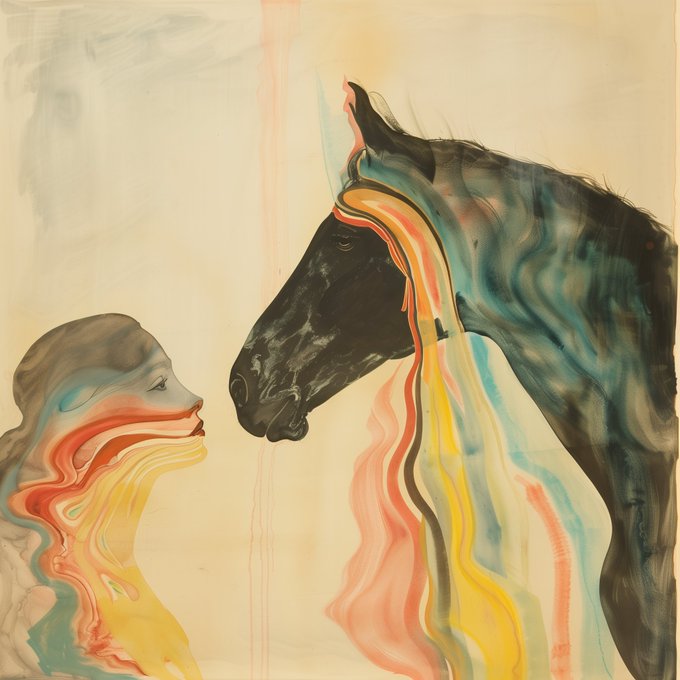 The image features a painting of a woman's face with her hair styled into a ponytail, looking at a horse that has its mane flowing down. The background appears to be white or light-colored, which contrasts with the vibrant colors used in the artwork. The artist has also included text in the image, reading "Thank you @AliceOnNeptune for collecting from the XXVI collection on Tezos".