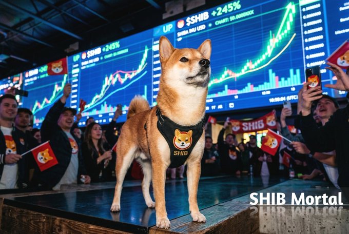 A Shiba Inu wearing a "SHIB" branded harness stands triumphantly on a stage before cheering fans waving Shiba flags, with massive screens displaying "$SHIB +245%" and upward-trending price charts behind them—visually capturing the post's defiant message about the meme coin's resilience and the ShibArmy's renewed momentum.