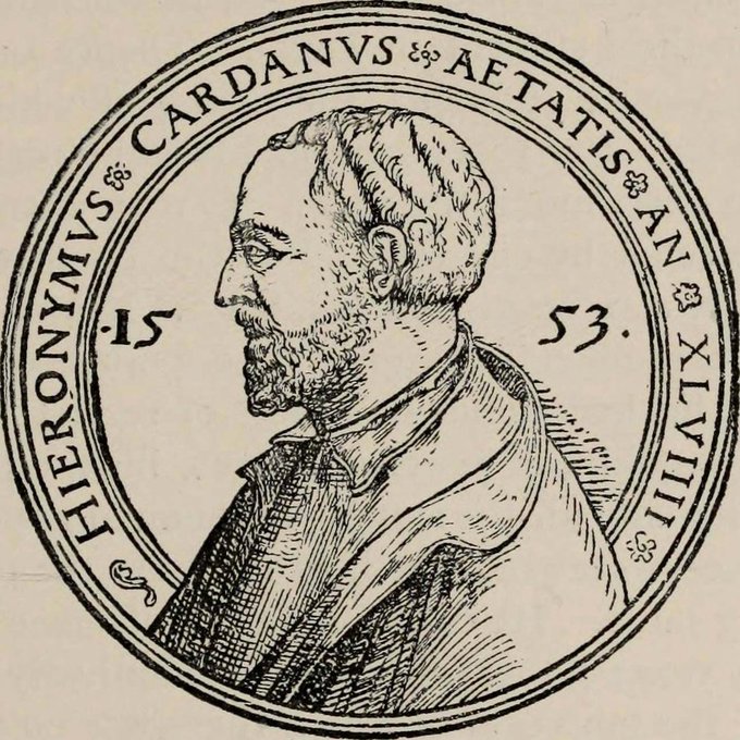 A circular engraved portrait shows Gerolamo Cardano in profile, with the inscription "HIERONYMVS CARDANVS AETATIS AN XLVIII" and the date "1553," identifying the Italian polymath at age 48. The image illustrates the historical namesake of the Cardano blockchain, linking the 16th-century mathematician and cryptography pioneer to the modern cryptocurrency's identity.