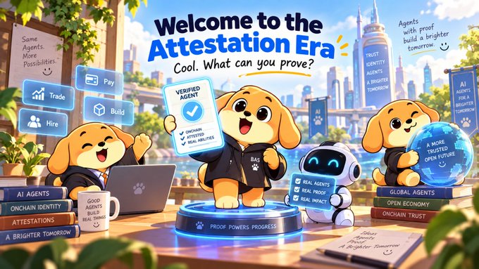 A vibrant digital illustration featuring cartoon dogs in suits promoting the "Attestation Era" with text like "Welcome to the Attestation Era," "Cool. What can you prove?," and slogans about AI agents, onchain identity, and proof.