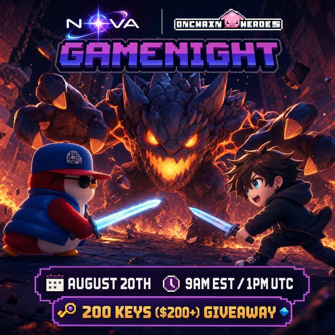 A promotional poster for 'NOVA Onchain Heroes GAMENIGHT' features anime-style characters battling a fiery lava monster, advertising an August 20th event at 9AM EST/1PM UTC with a 200 Keys ($200+) giveaway.