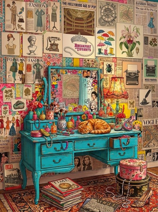 A vintage-style collage illustration featuring a turquoise vanity table with a sleeping orange cat, surrounded by floral wallpaper covered in fashion magazine clippings, botanical prints, and decorative items.