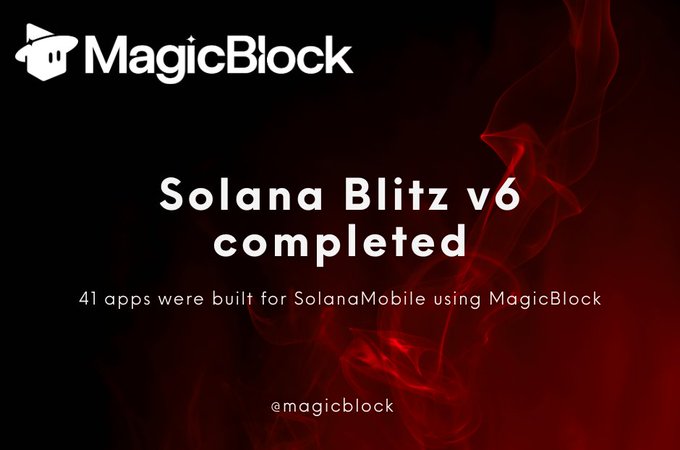 A promotional graphic with the MagicBlock logo reading 'Solana Blitz v6 completed' and noting '41 apps were built for SolanaMobile using MagicBlock', with the handle @magicblock against a red smoky background.