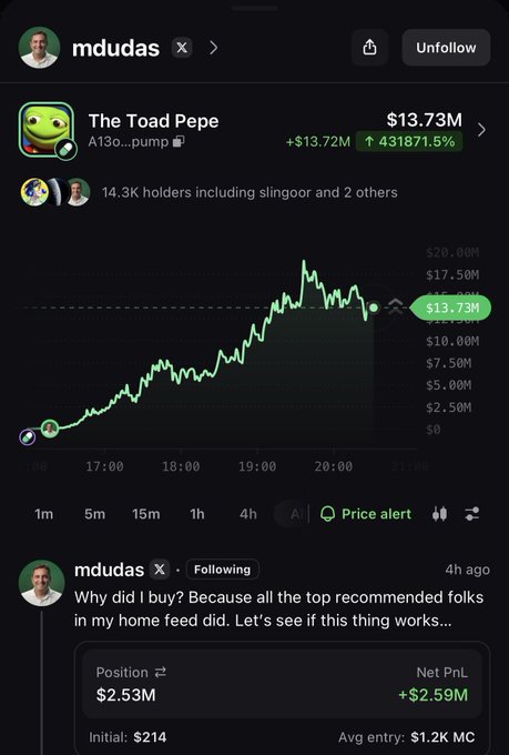 The image shows a screenshot from what appears to be a crypto trading/social platform, displaying mdudas's post about "The Toad Pepe" (A13o...pump) token, which surged 431,871.5% to a $13.73M market cap. His position shows a +$2.59M net PnL on an initial $214 investment, directly supporting the post's claim that he is up $2.5m on toad.