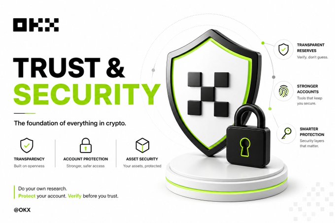 An OKX promotional graphic emphasizes “TRUST & SECURITY” as crypto’s foundation, highlighting “Transparent Reserves,” “Stronger Accounts,” “Smarter Protection,” “Account Protection,” and “Asset Security.” A shield and padlock reinforce OKX’s message to verify platform safeguards before trusting it with assets.