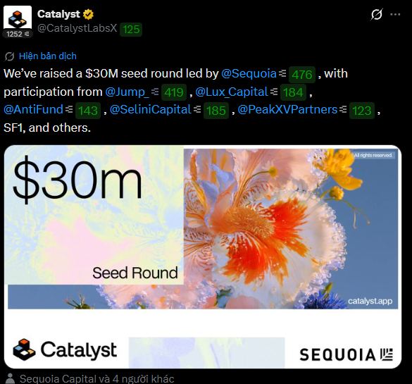A tweet from '@CatalystLabsX' announcing a $30M seed round led by Sequoia, featuring an image with '$30m Seed Round' and the Catalyst and Sequoia logos.
