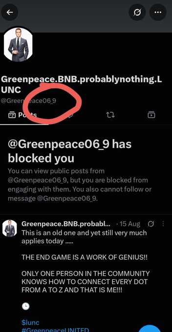 A screenshot of the X (formerly Twitter) profile of @Greenpeace06.9, showing that the user has been blocked from engaging with them, with a red circle highlighting the profile name and handle. The accompanying post mocks this account as an impersonator, referencing the displayed tweet from 15 Aug that claims to be the original "Greenpeace" of the $LUNC community, while urging others to report and block the impersonator.