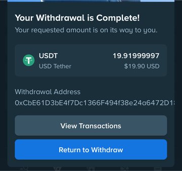 Cryptocurrency withdrawal confirmation screen showing 'Your Withdrawal is Complete!' for 19.9199997 USDT ($19.90 USD) sent to the address 0xCb61D3E4f7Dc1366F494f38e24a6472D1.