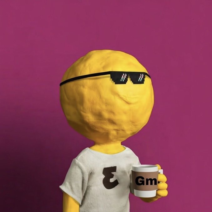 A yellow smiley face character wearing pixelated "deal with it" sunglasses and a white shirt with a "ɢ" logo holds a coffee mug labeled "Gm" against a purple background, matching the post's "Gm" (good morning) greeting.