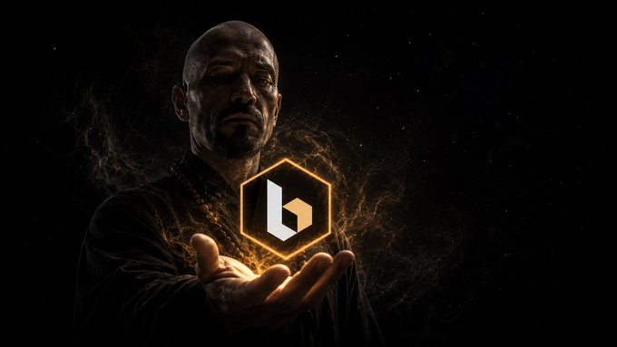 A man holding a glowing hexagonal logo with a stylized 'b' symbol, set against a dark, smoky background.
